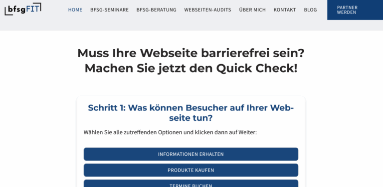 Screenshot des Quick Checks auf der BFSG Fit Webseite